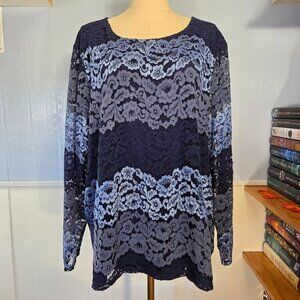 Project 2XL Blue Floral Lace Overlay Longsleeve Dressy Casual Holiday Blouse